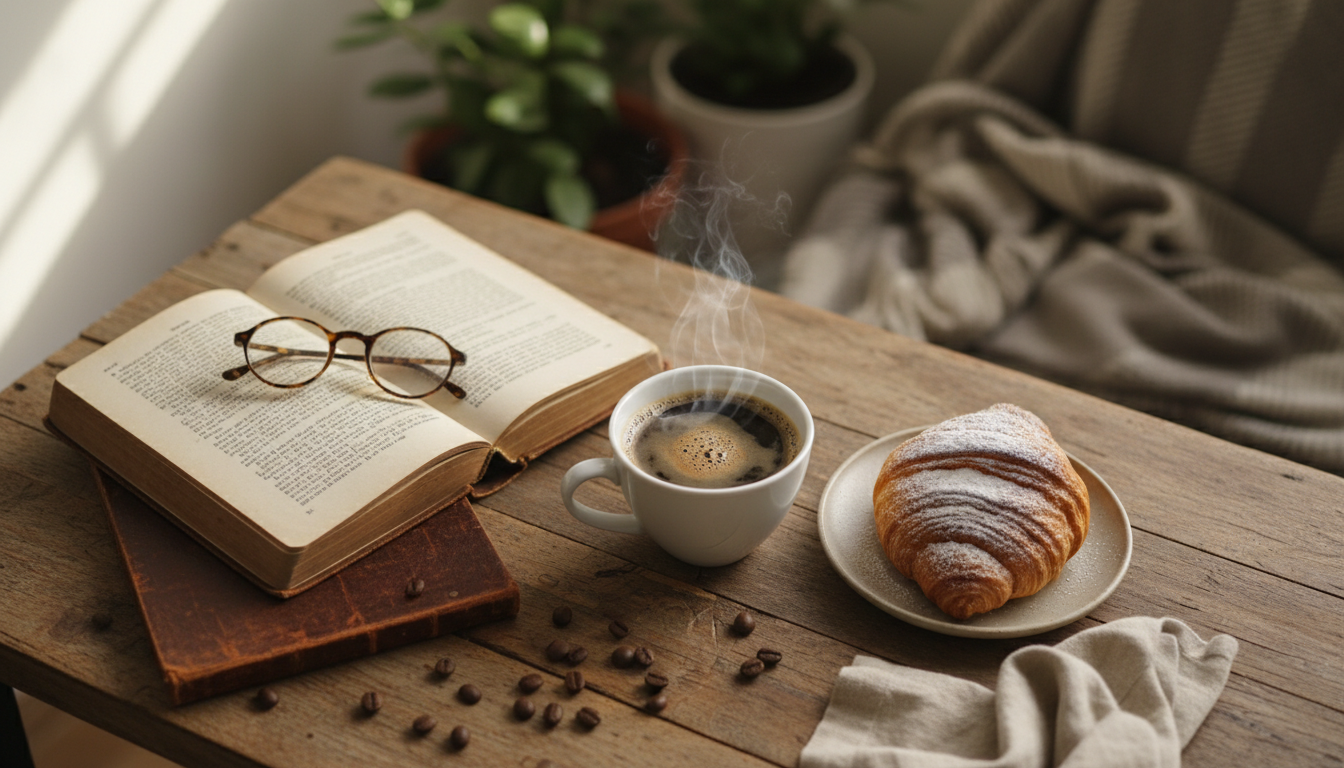 Чашка кофе с выпечкой на деревянном столе и старинная книга
