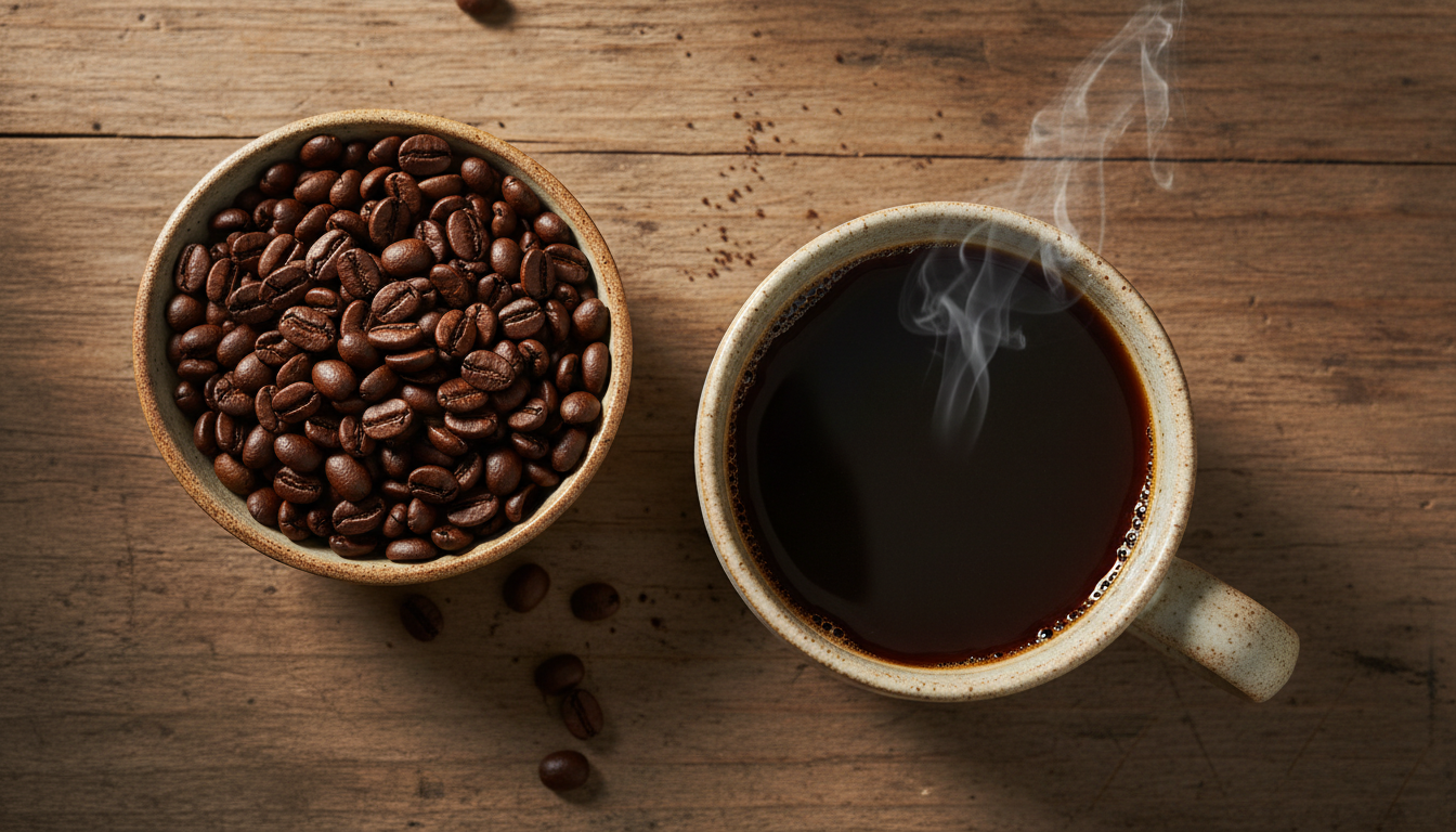 Aromatic cup of decaffeinated coffee with whole beans on a rustic table in natural light.