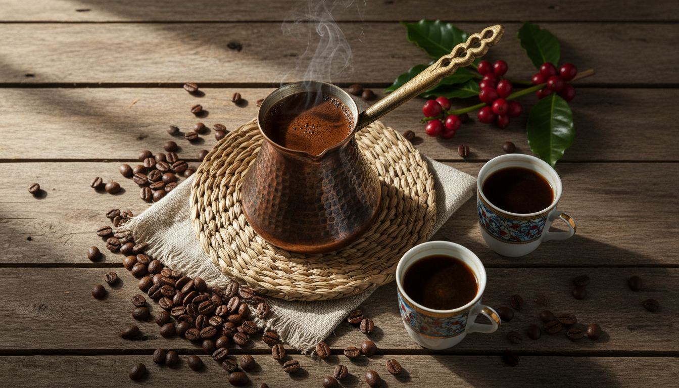 Traditional coffee ceremony setup with a cezve, cups, coffee beans, and coffee cherries on a rustic wooden table.