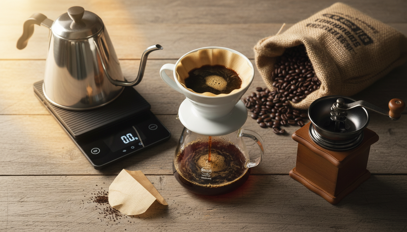 Набор для приготовления кофе Hario V60 на деревянном столе